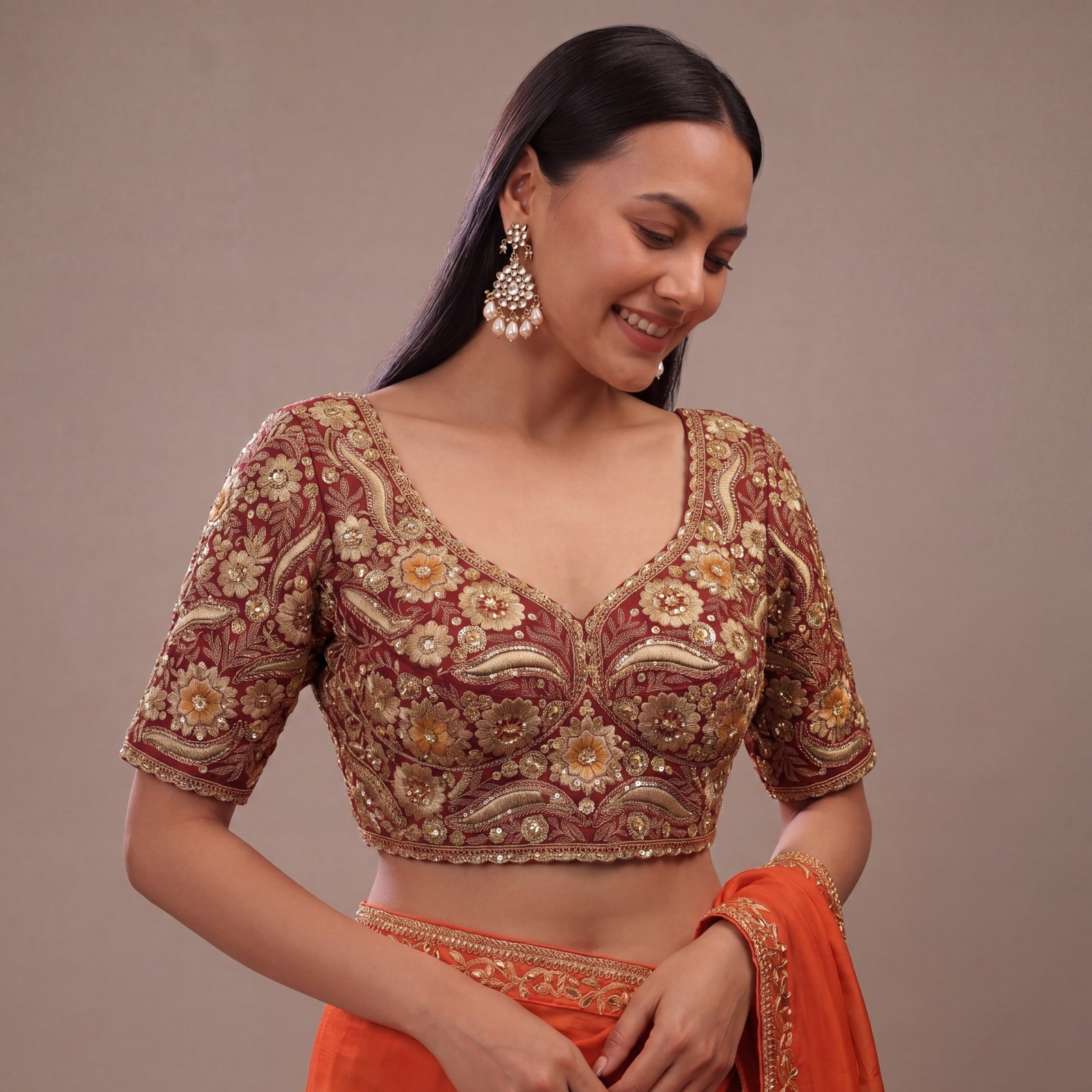 Maroon Bridal Sabyasachi Neck Italian Silk Embroidered Readymade Blouse