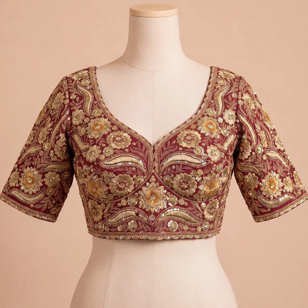 Maroon Bridal Sabyasachi Neck Italian Silk Embroidered Readymade Blouse — view 2