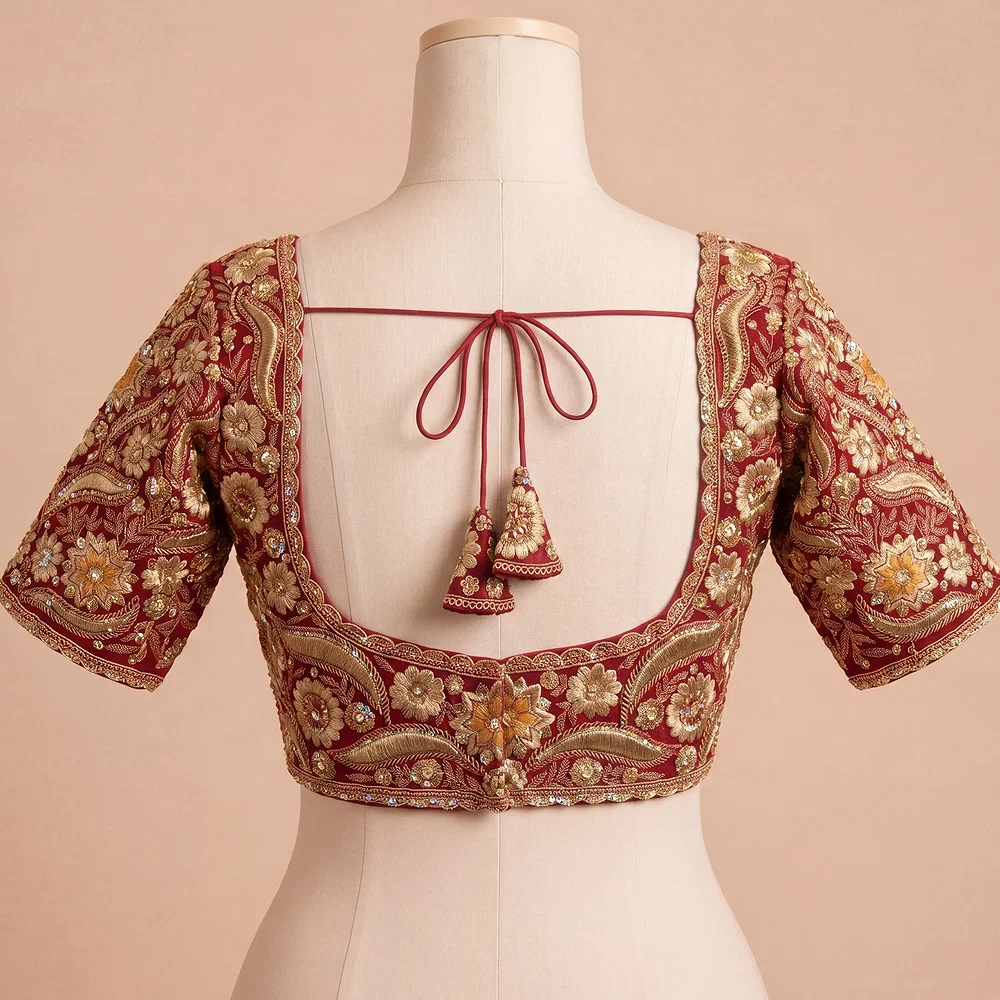Maroon Bridal Sabyasachi Neck Italian Silk Embroidered Readymade Blouse — view 3