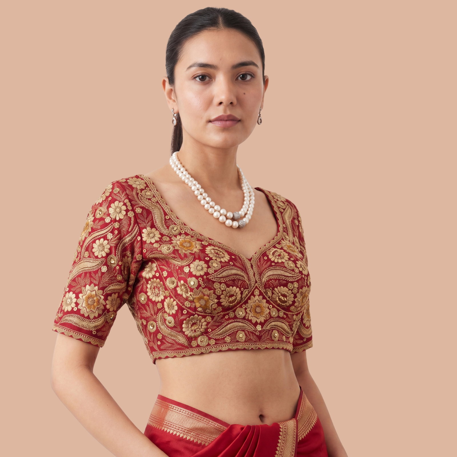 Rani Bridal Sabyasachi Neck Italian Silk Embroidered Readymade Blouse