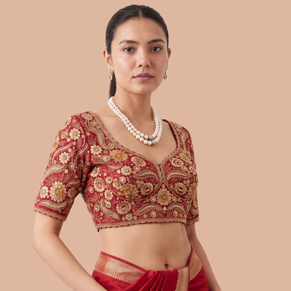 Rani Bridal Sabyasachi Neck Italian Silk Embroidered Readymade Blouse — view 1