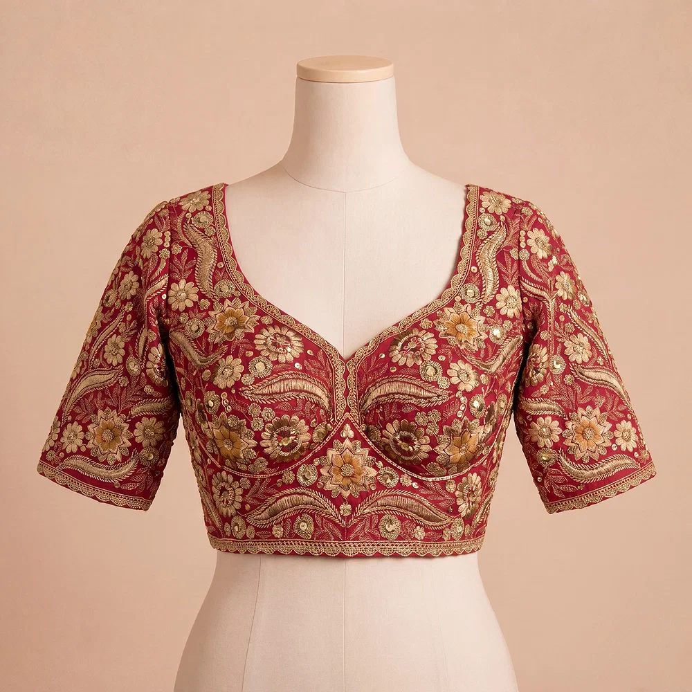 Rani Bridal Sabyasachi Neck Italian Silk Embroidered Readymade Blouse — view 2