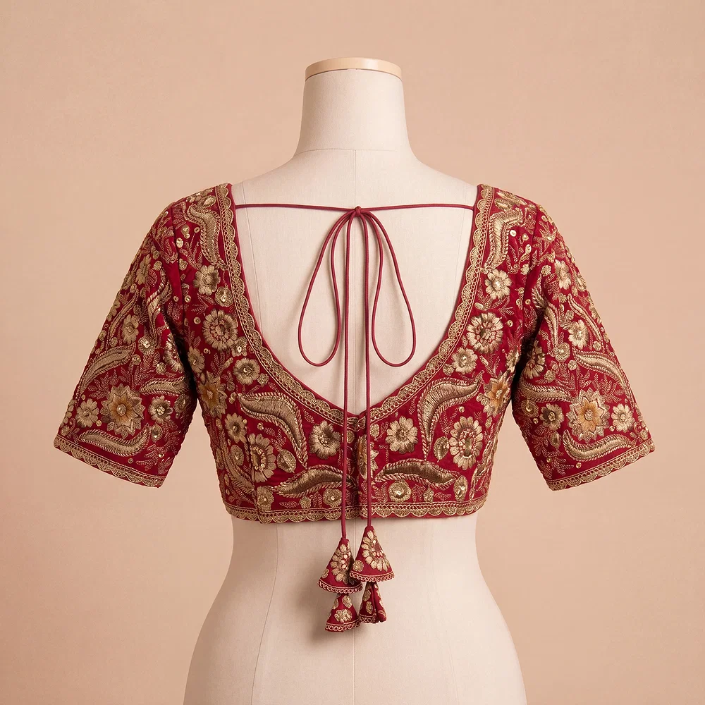 Rani Bridal Sabyasachi Neck Italian Silk Embroidered Readymade Blouse — view 3