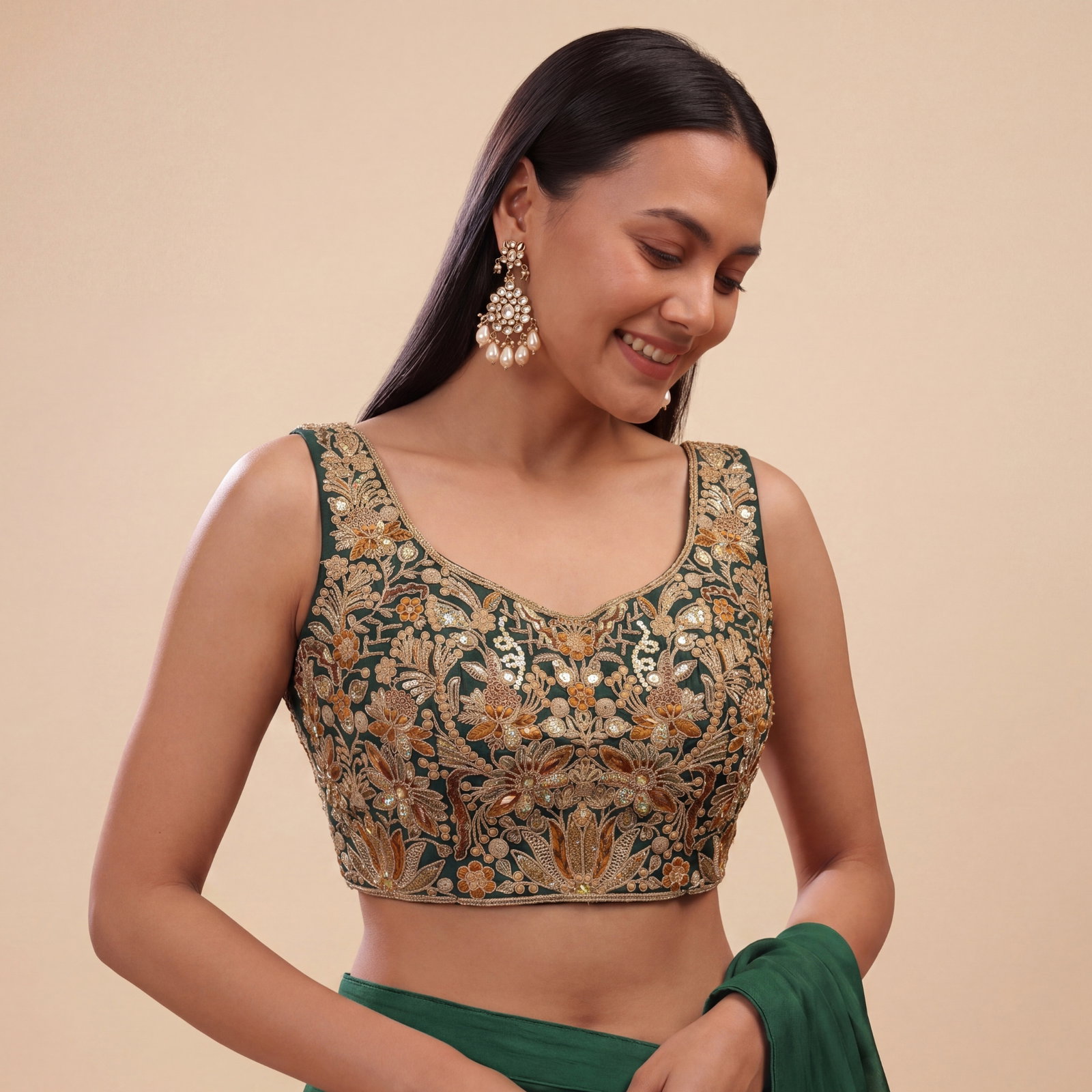 Bottle Green Heavy Coding n Sequin Work Readymade Designer Blouse