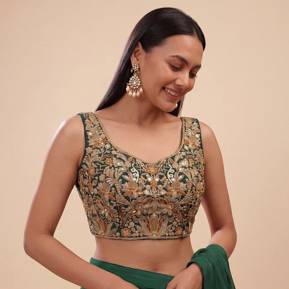 Bottle Green Heavy Coding n Sequin Work Readymade Designer Blouse — view 1