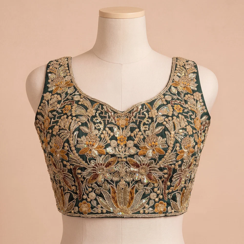 Bottle Green Heavy Coding n Sequin Work Readymade Designer Blouse — view 2
