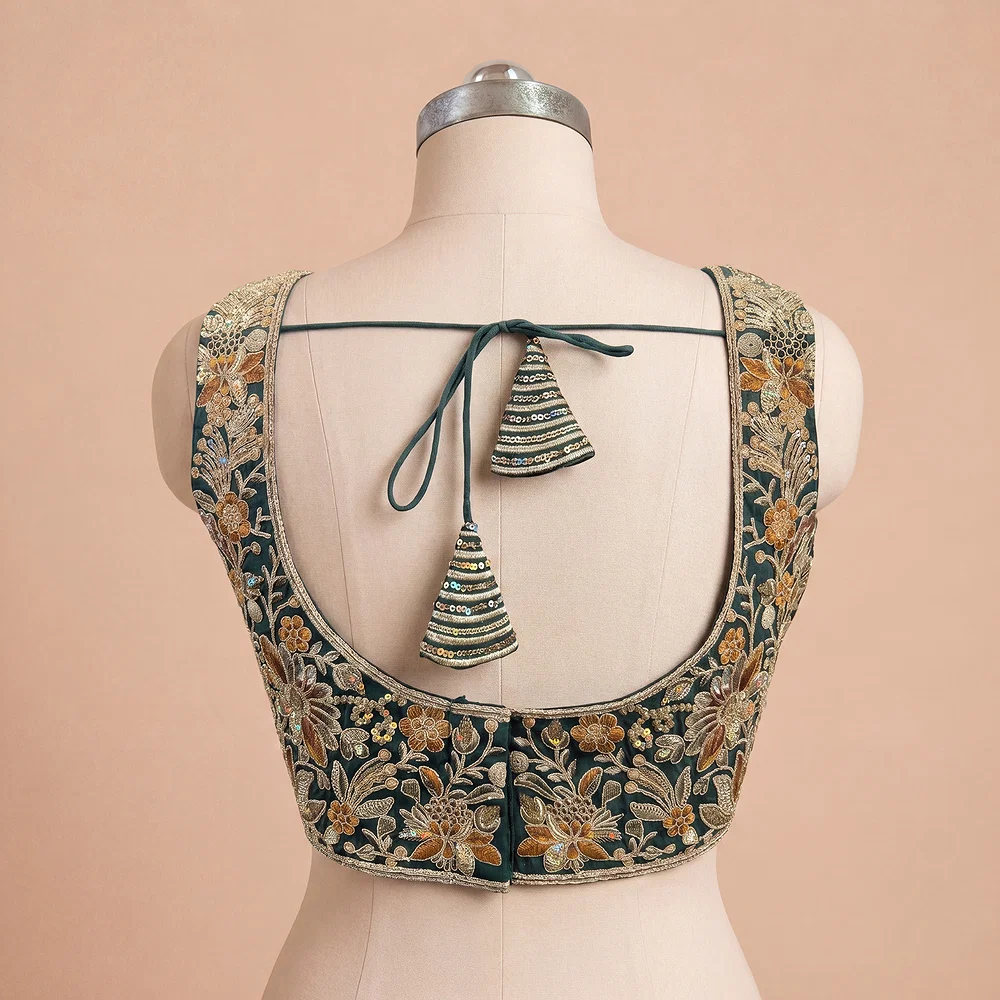 Bottle Green Heavy Coding n Sequin Work Readymade Designer Blouse — view 3