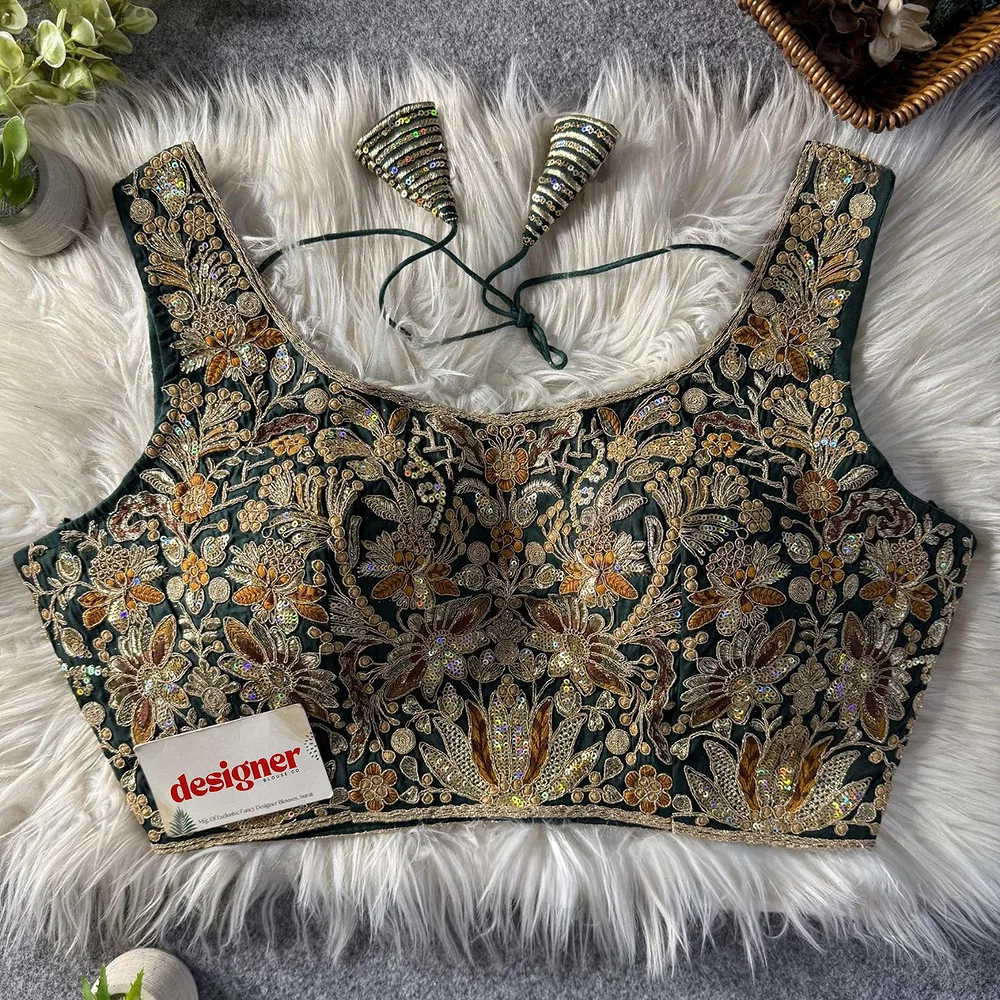 Bottle Green Heavy Coding n Sequin Work Readymade Designer Blouse — view 4