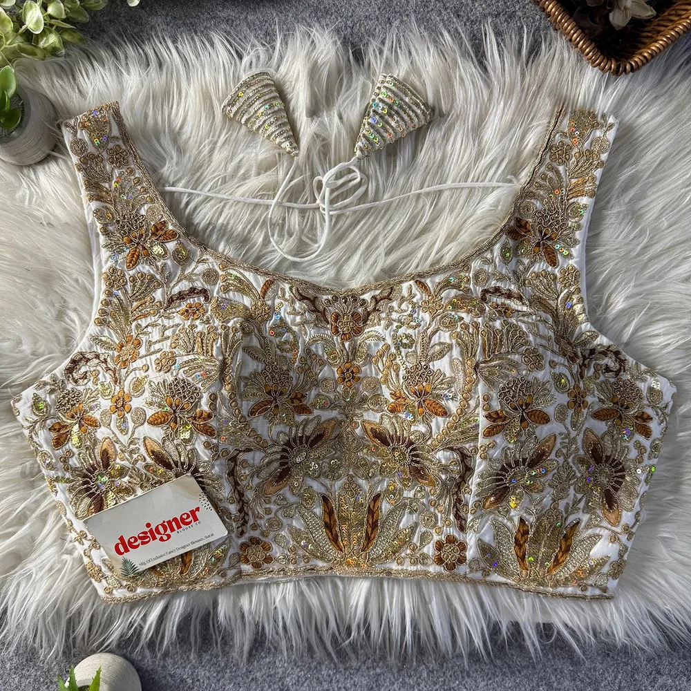 White Heavy Coding n Sequin Work Readymade Designer Blouse — view 4
