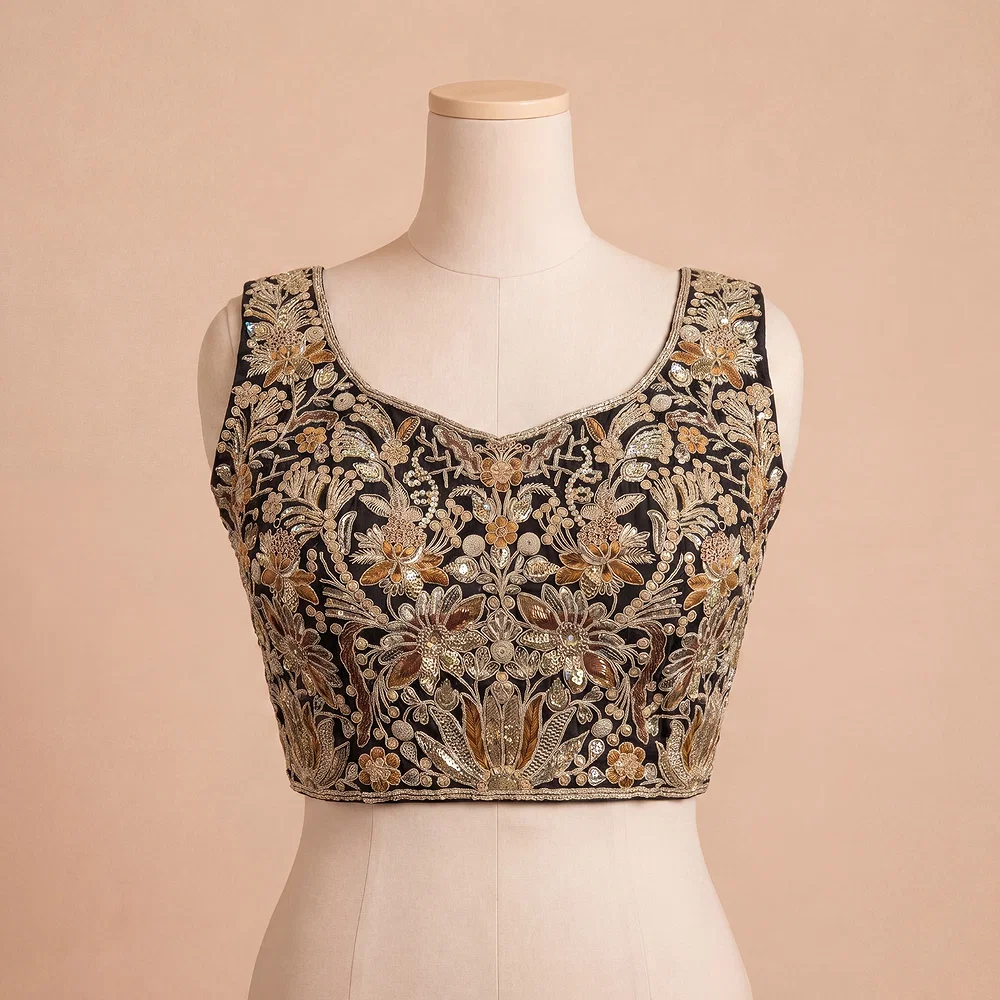 Black Heavy Coding n Sequin Work Readymade Designer Blouse — view 2