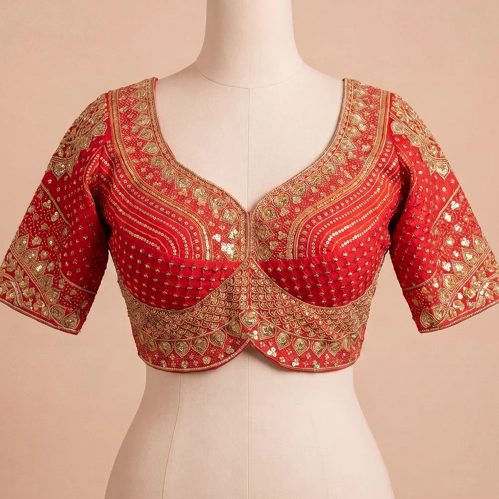 Sabyasachi inspired Red Bridal Hand Work Georgette Blouse  — view 2