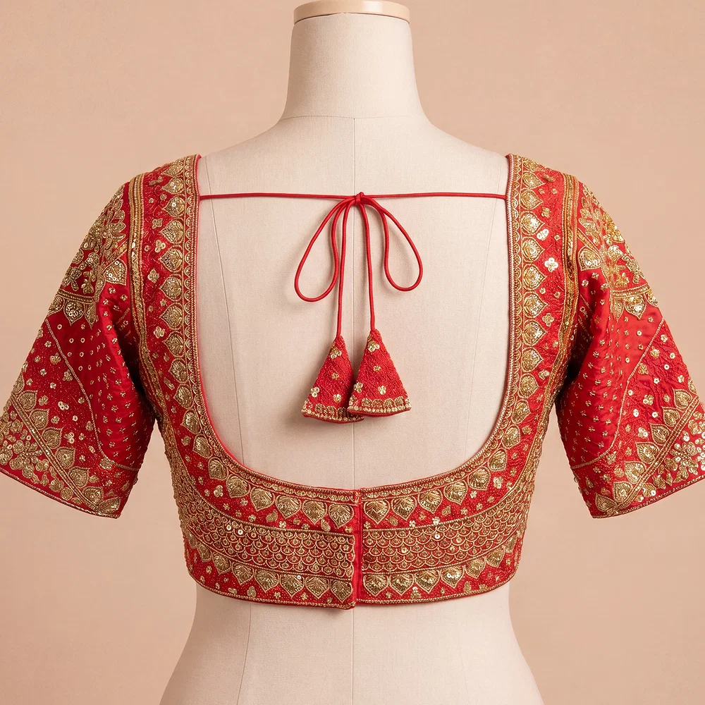 Sabyasachi inspired Red Bridal Hand Work Georgette Blouse  — view 3