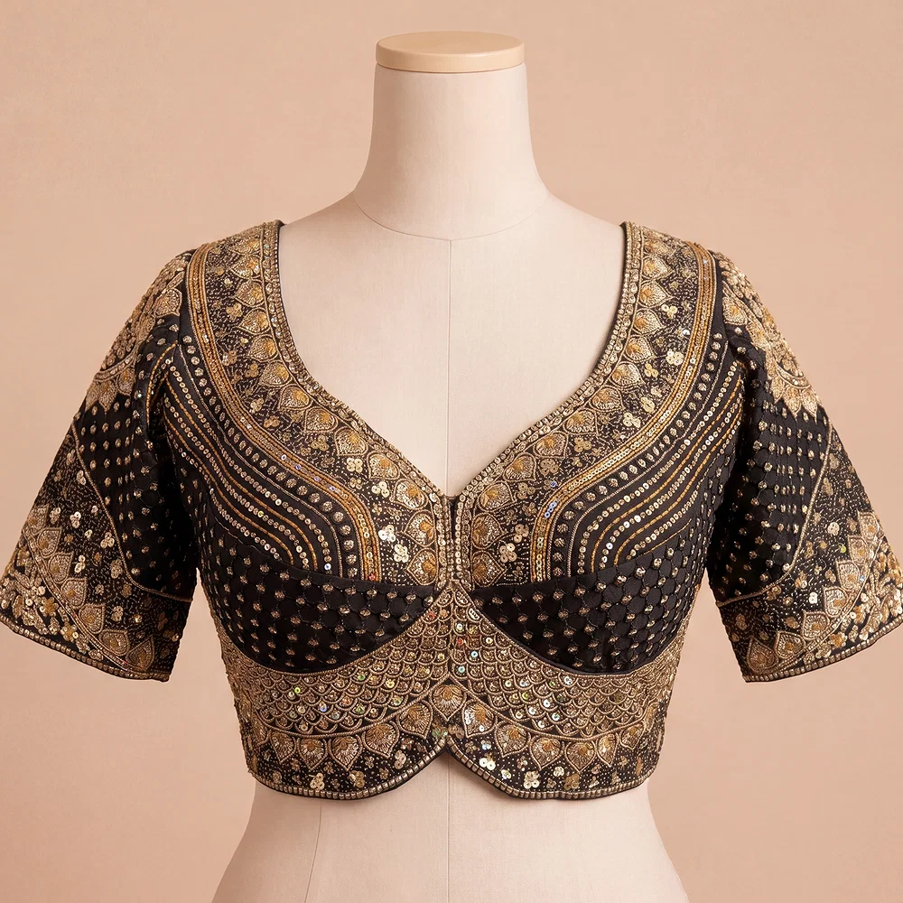 Sabyasachi inspired Black Bridal Hand Work Georgette Blouse  — view 2