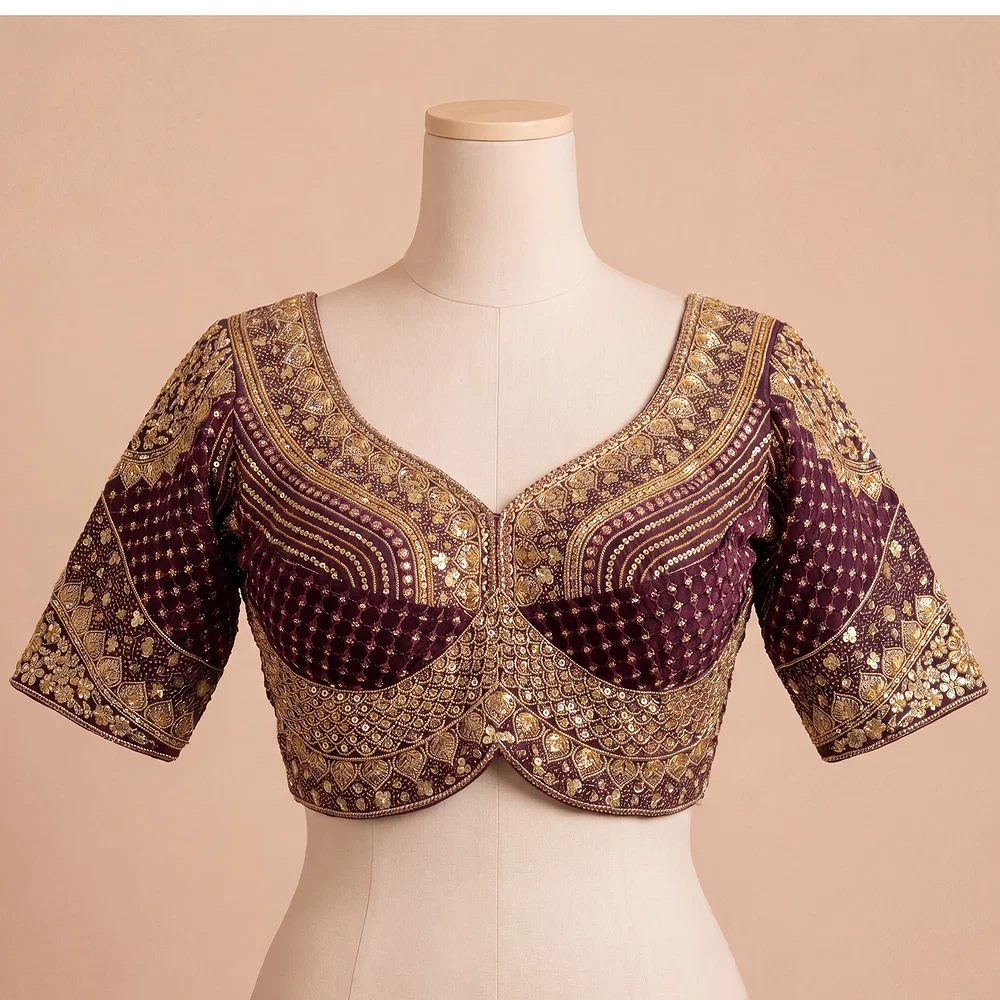 Sabyasachi inspired Wine Bridal Hand Work Georgette Blouse  — view 2