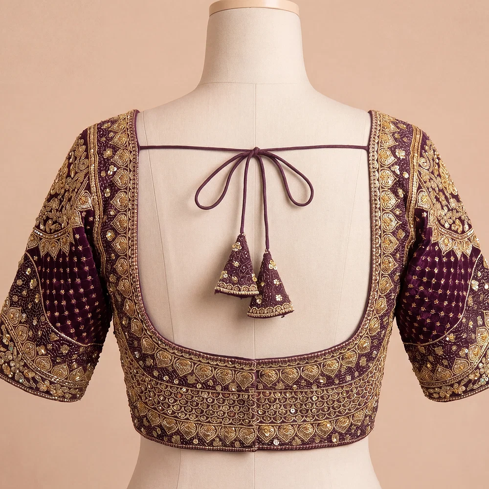 Sabyasachi inspired Wine Bridal Hand Work Georgette Blouse  — view 3