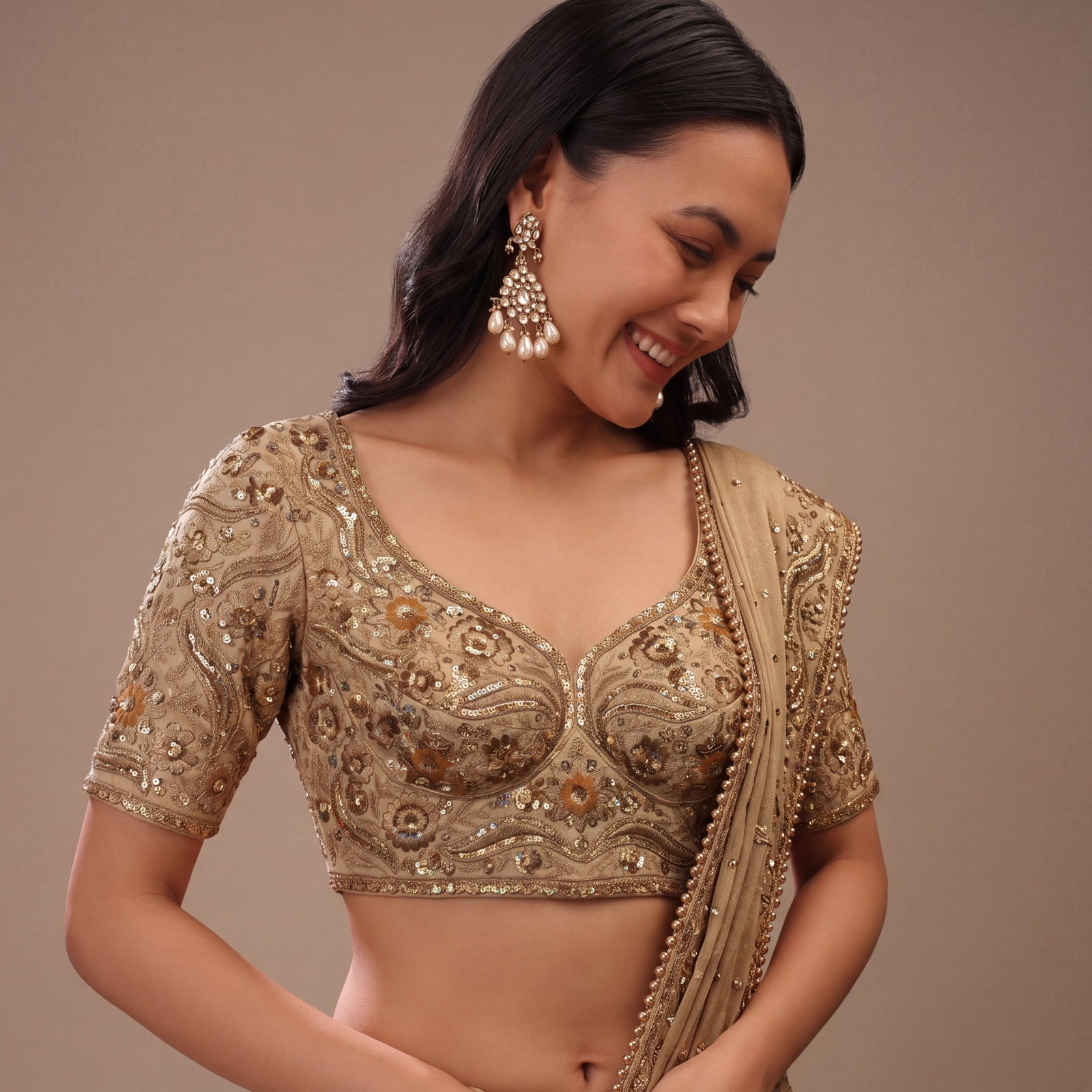 Chiku Bridal Sabyasachi Neck Italian Silk Embroidered Readymade Blouse