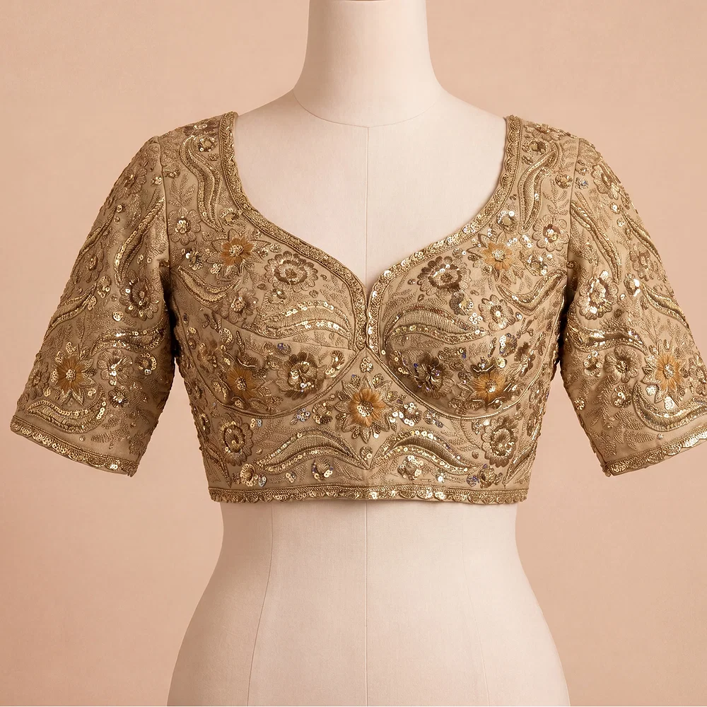 Chiku Bridal Sabyasachi Neck Italian Silk Embroidered Readymade Blouse — view 2