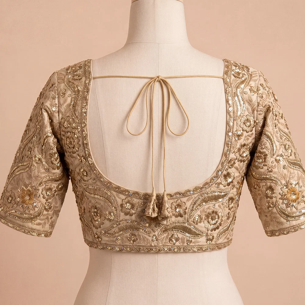 Chiku Bridal Sabyasachi Neck Italian Silk Embroidered Readymade Blouse — view 3