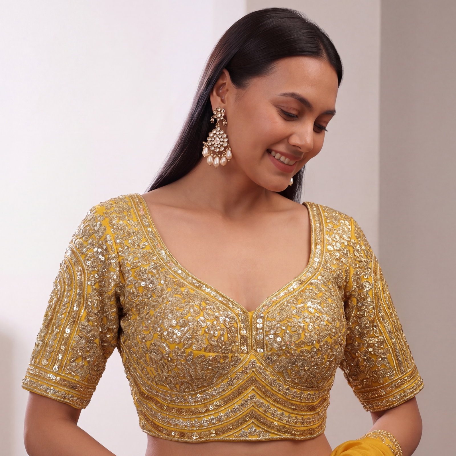 Yellow Italian Silk Heavy Coding & Sequin Work Sabyasachi Neck Blouse