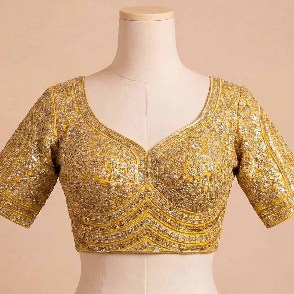 Yellow Italian Silk Heavy Coding & Sequin Work Sabyasachi Neck Blouse — view 2