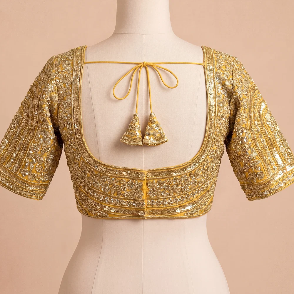 Yellow Italian Silk Heavy Coding & Sequin Work Sabyasachi Neck Blouse — view 3