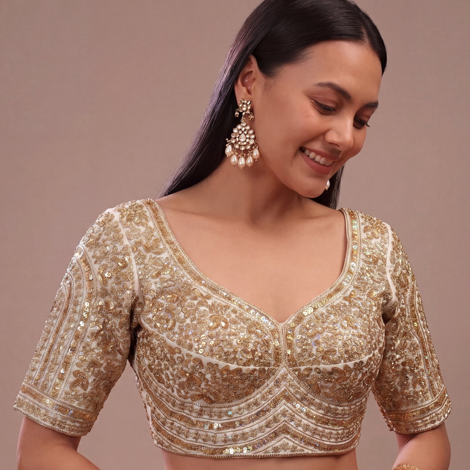 White Italian Silk Heavy Coding & Sequin Work Sabyasachi Neck Blouse