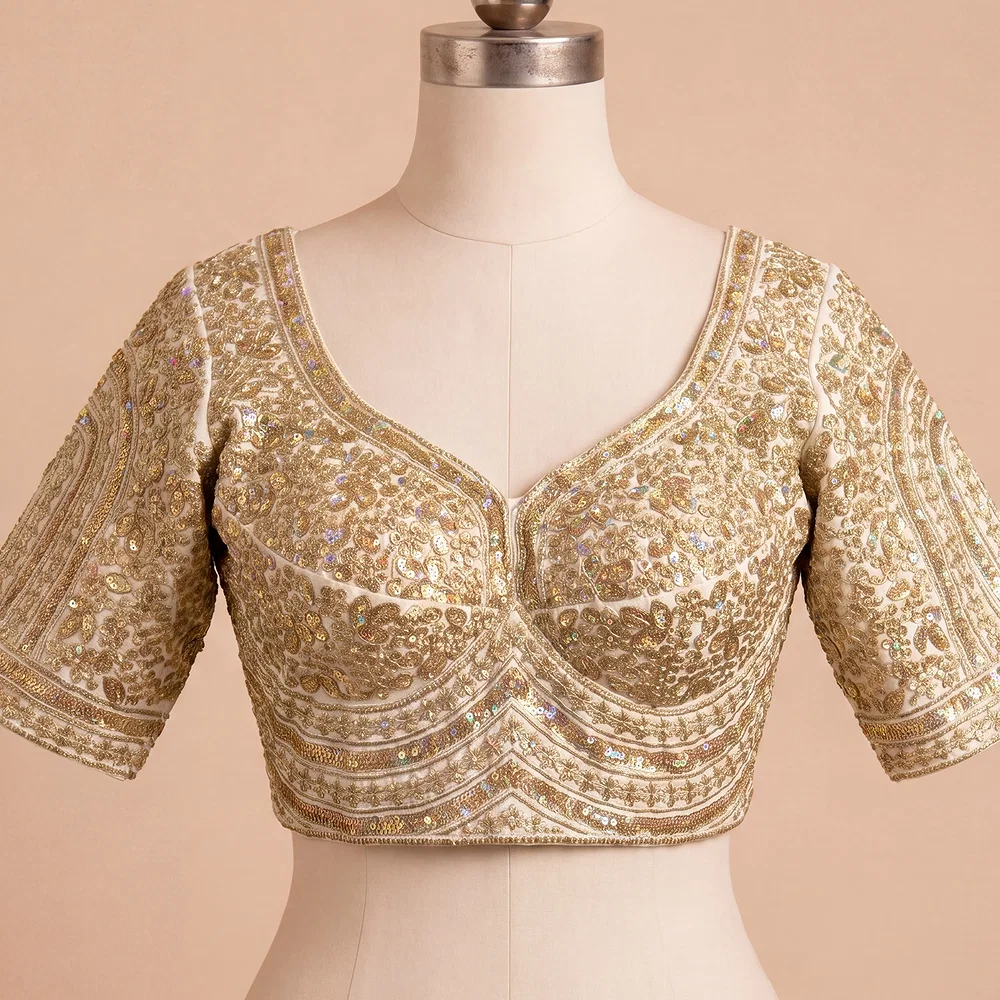 White Italian Silk Heavy Coding & Sequin Work Sabyasachi Neck Blouse — view 2