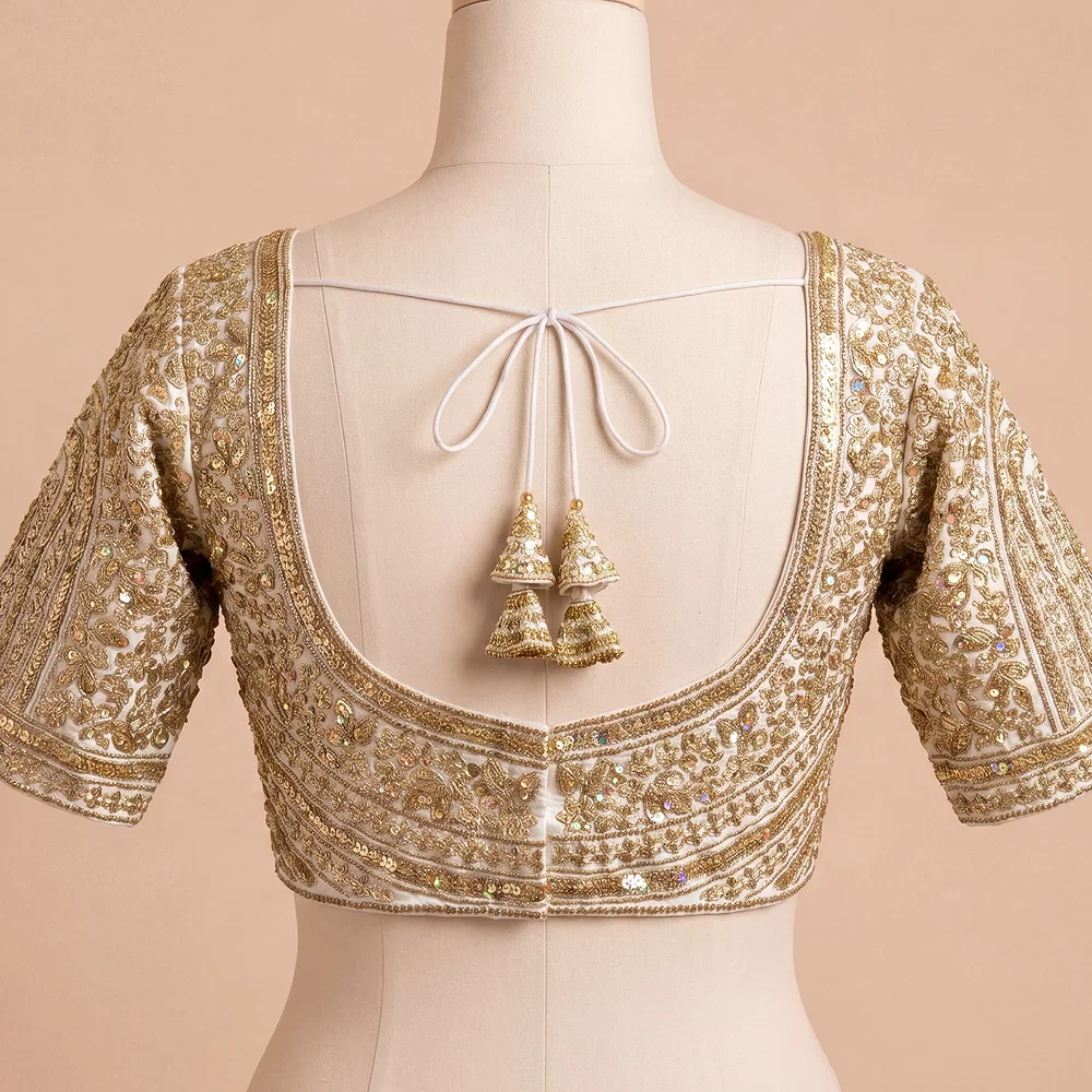 White Italian Silk Heavy Coding & Sequin Work Sabyasachi Neck Blouse — view 3