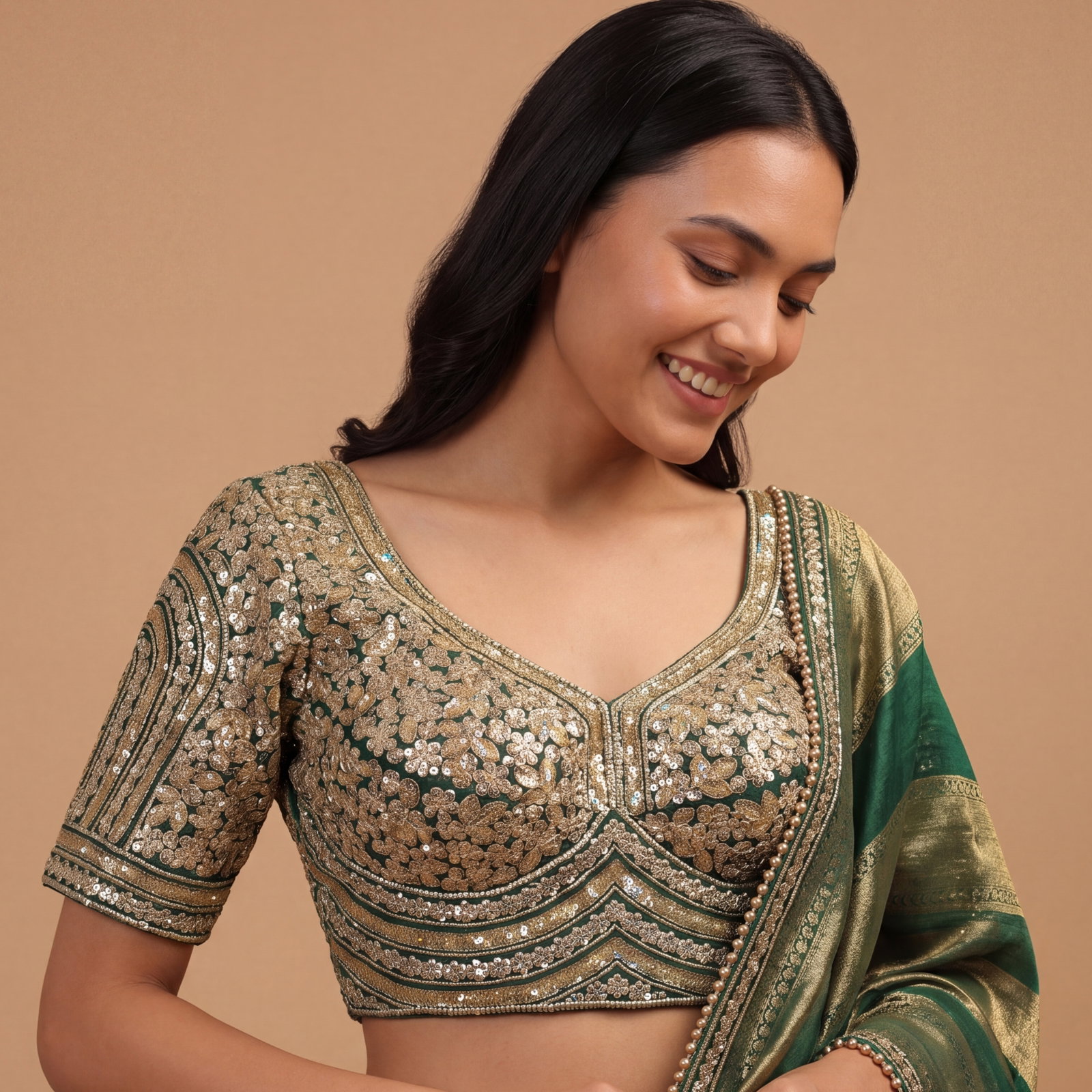 Bottle Green Italian Silk Heavy Coding & Sequin Work Sabyasachi Neck Blouse