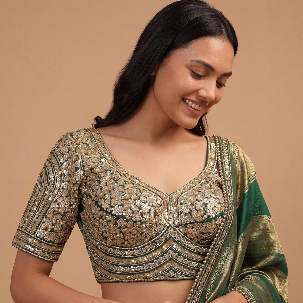 Bottle Green Italian Silk Heavy Coding & Sequin Work Sabyasachi Neck Blouse — view 1