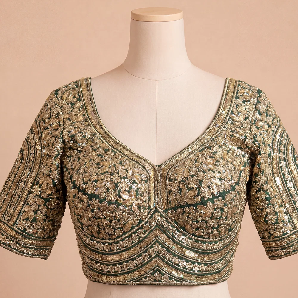 Bottle Green Italian Silk Heavy Coding & Sequin Work Sabyasachi Neck Blouse — view 2