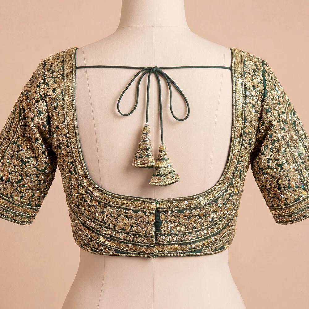 Bottle Green Italian Silk Heavy Coding & Sequin Work Sabyasachi Neck Blouse — view 3