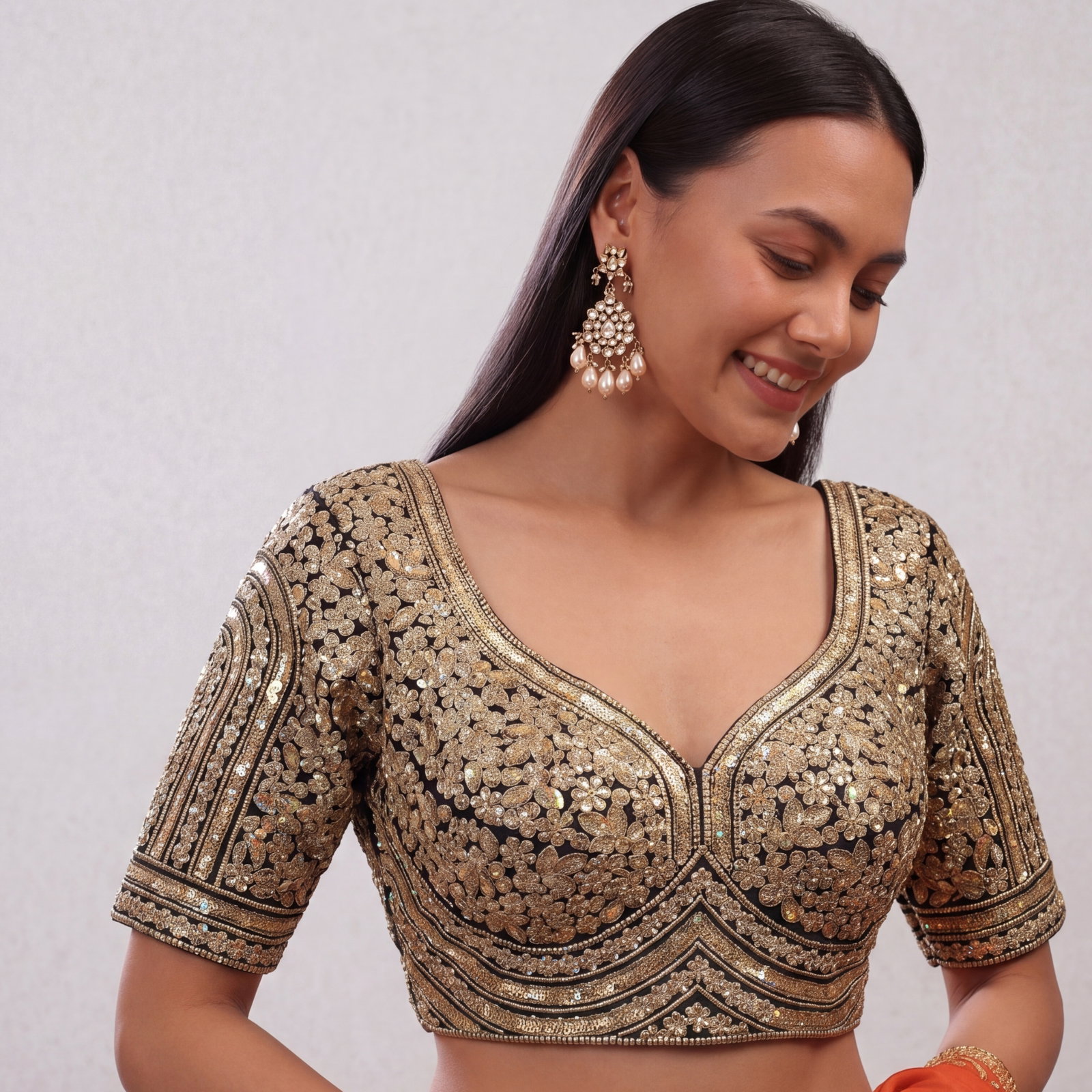 Black Italian Silk Heavy Coding & Sequin Work Sabyasachi Neck Blouse