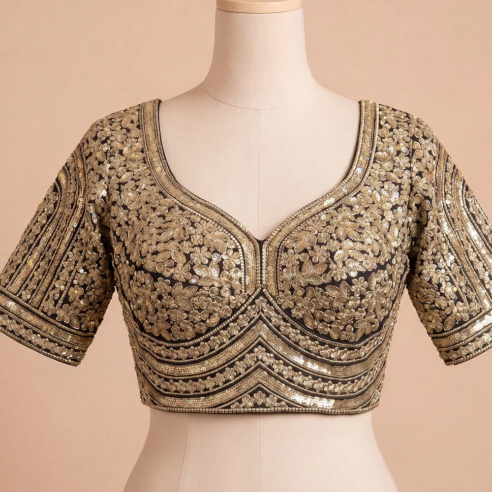 Black Italian Silk Heavy Coding & Sequin Work Sabyasachi Neck Blouse — view 2