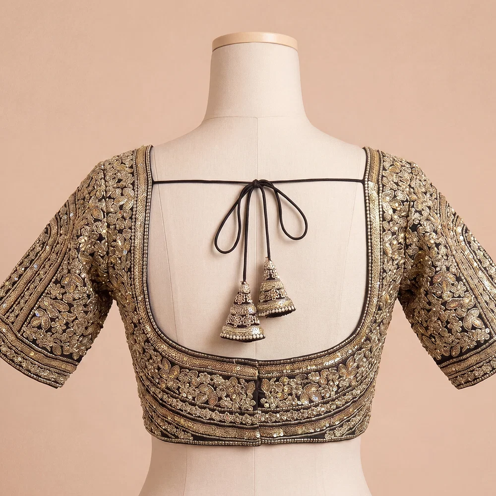 Black Italian Silk Heavy Coding & Sequin Work Sabyasachi Neck Blouse — view 3
