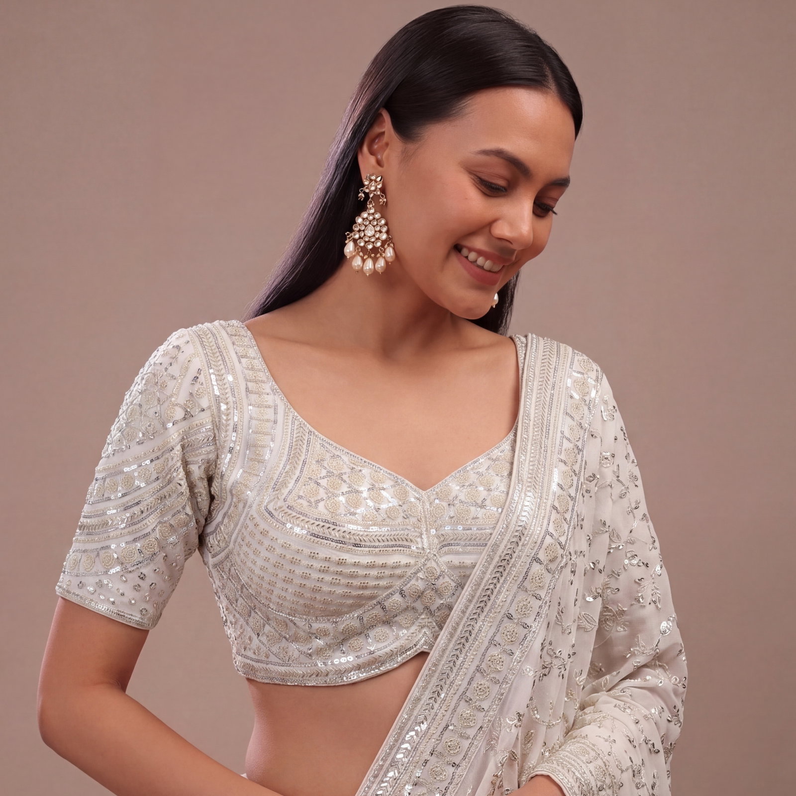 Silver Handwork Beads Partywear Sabyasachi Neck Blouse in Pure Fox Georgette