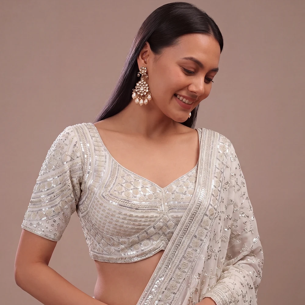 Silver Handwork Beads Partywear Sabyasachi Neck Blouse in Pure Fox Georgette — view 1