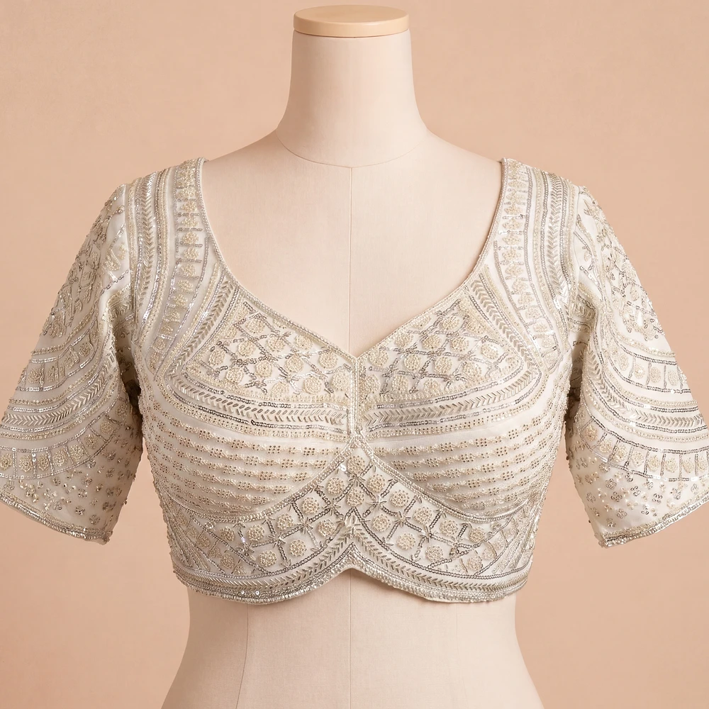 Silver Handwork Beads Partywear Sabyasachi Neck Blouse in Pure Fox Georgette — view 2