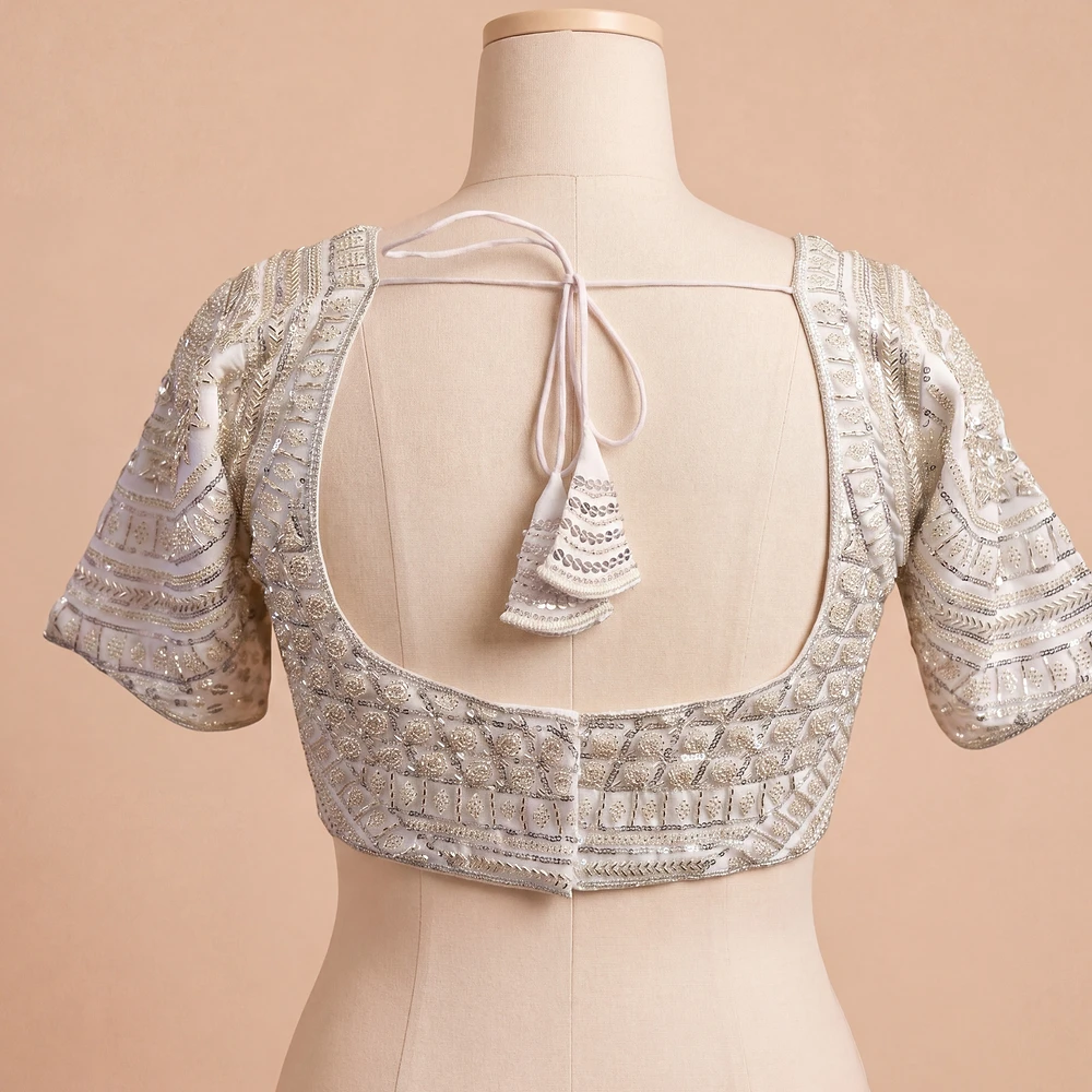 Silver Handwork Beads Partywear Sabyasachi Neck Blouse in Pure Fox Georgette — view 3