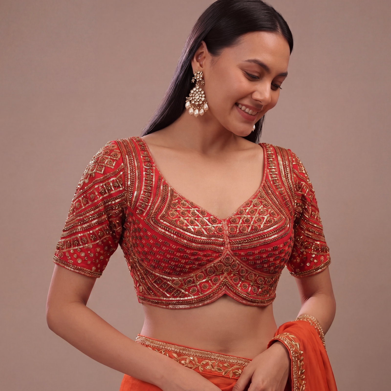 Red Handwork Beads Partywear Sabyasachi Neck Blouse in Pure Fox Georgette