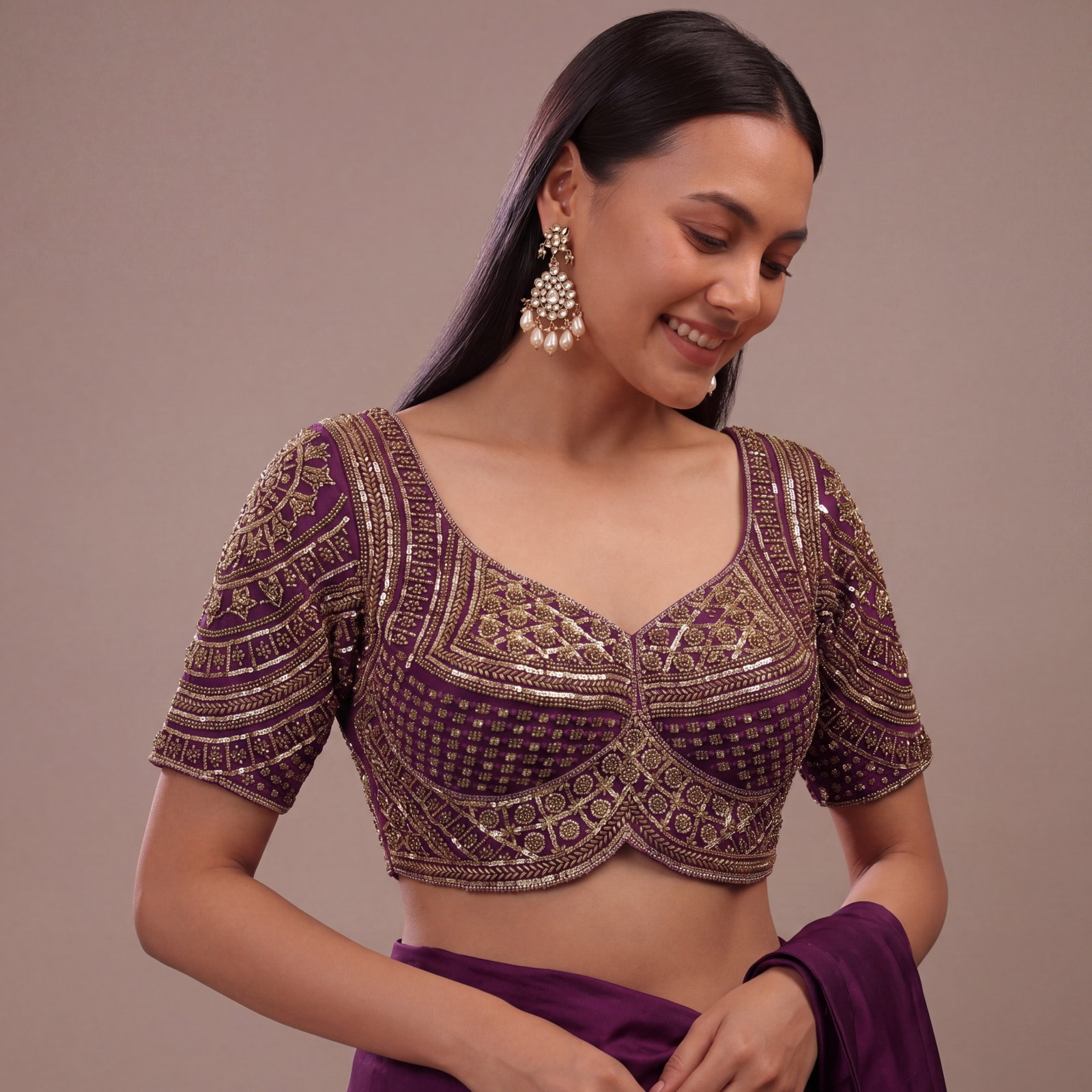 Wine Handwork Beads Partywear Sabyasachi Neck Blouse in Pure Fox Georgette
