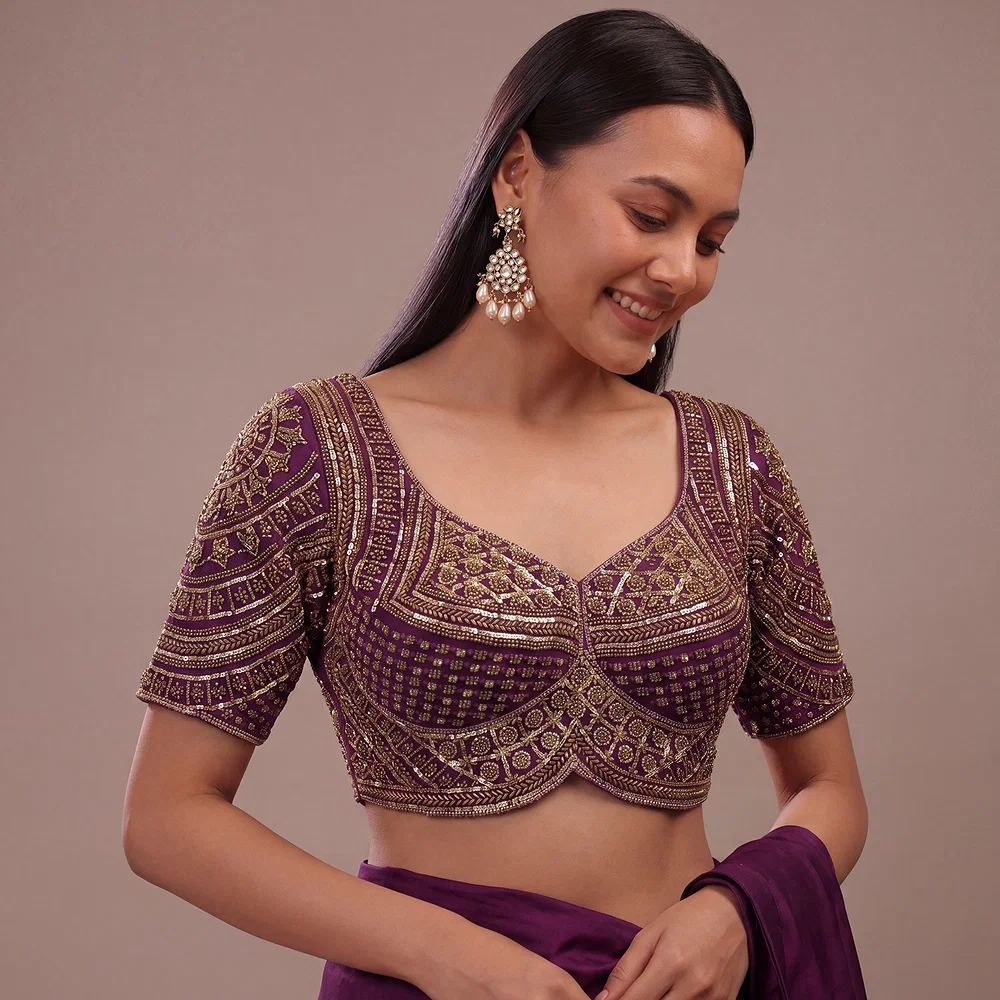 Wine Handwork Beads Partywear Sabyasachi Neck Blouse in Pure Fox Georgette — view 1
