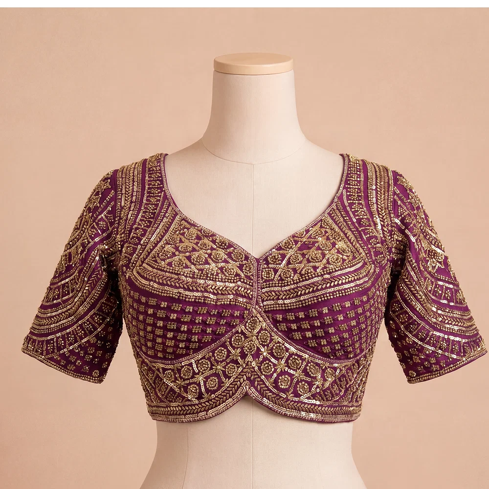 Wine Handwork Beads Partywear Sabyasachi Neck Blouse in Pure Fox Georgette — view 2