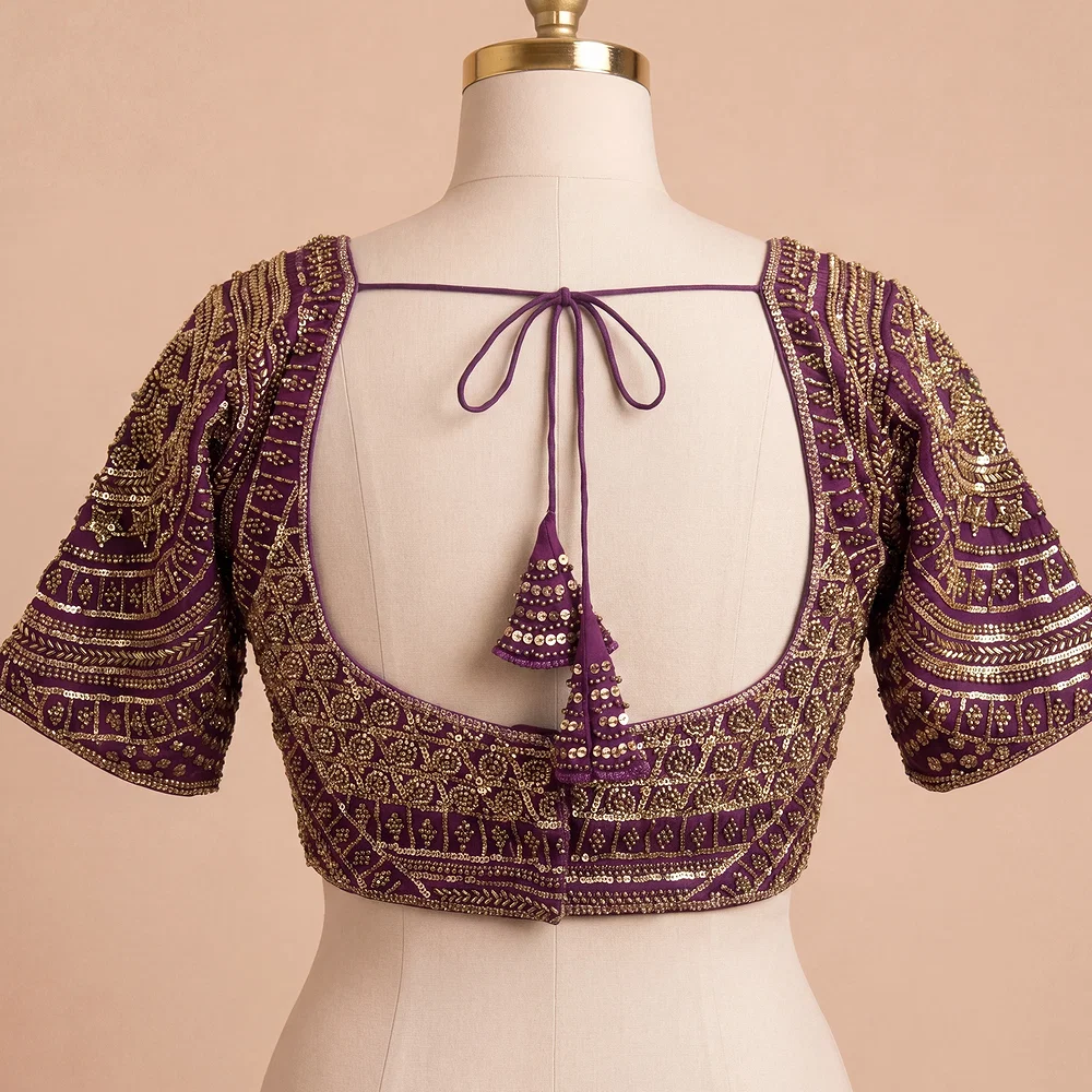 Wine Handwork Beads Partywear Sabyasachi Neck Blouse in Pure Fox Georgette — view 3