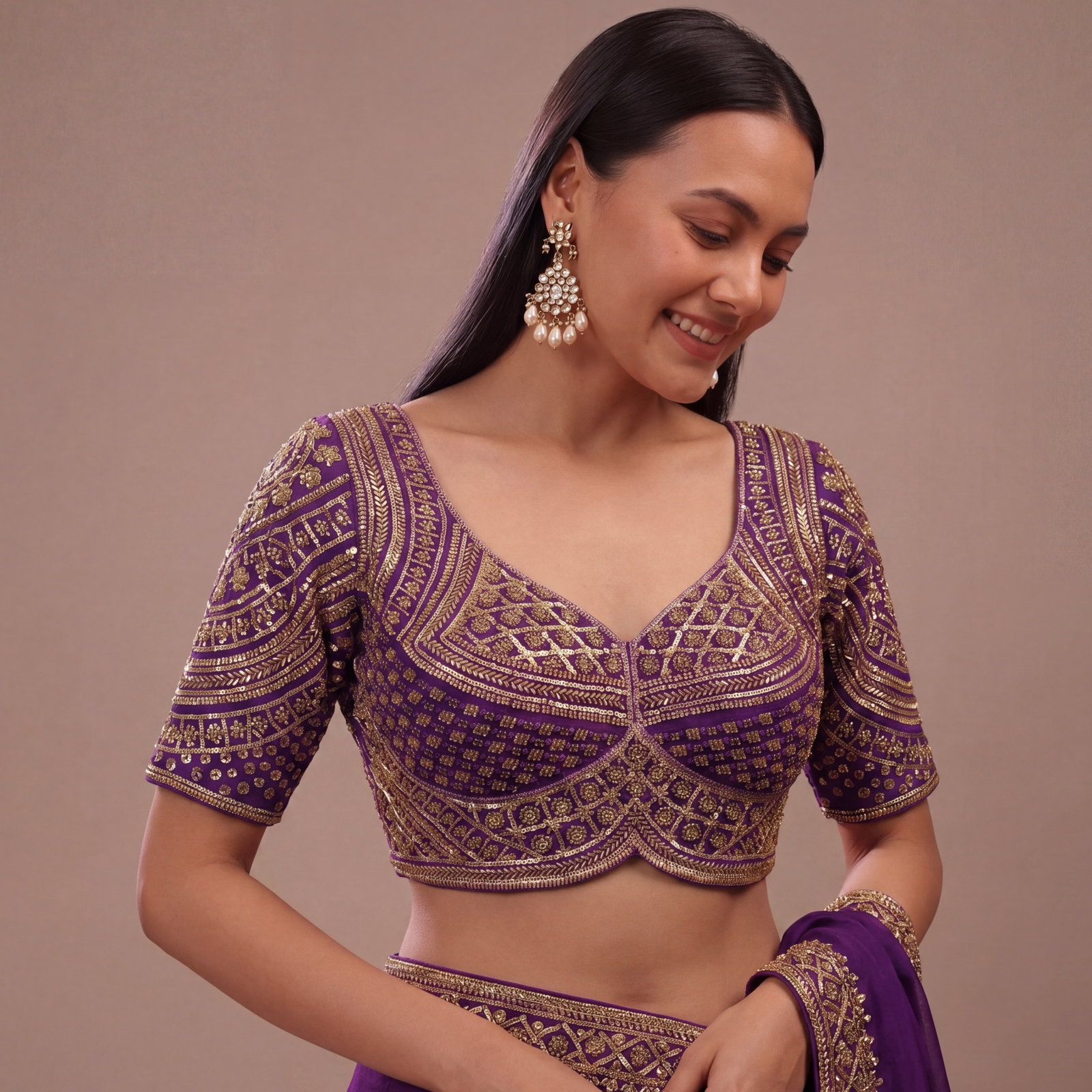 Purple Handwork Beads Partywear Sabyasachi Neck Blouse in Pure Fox Georgette