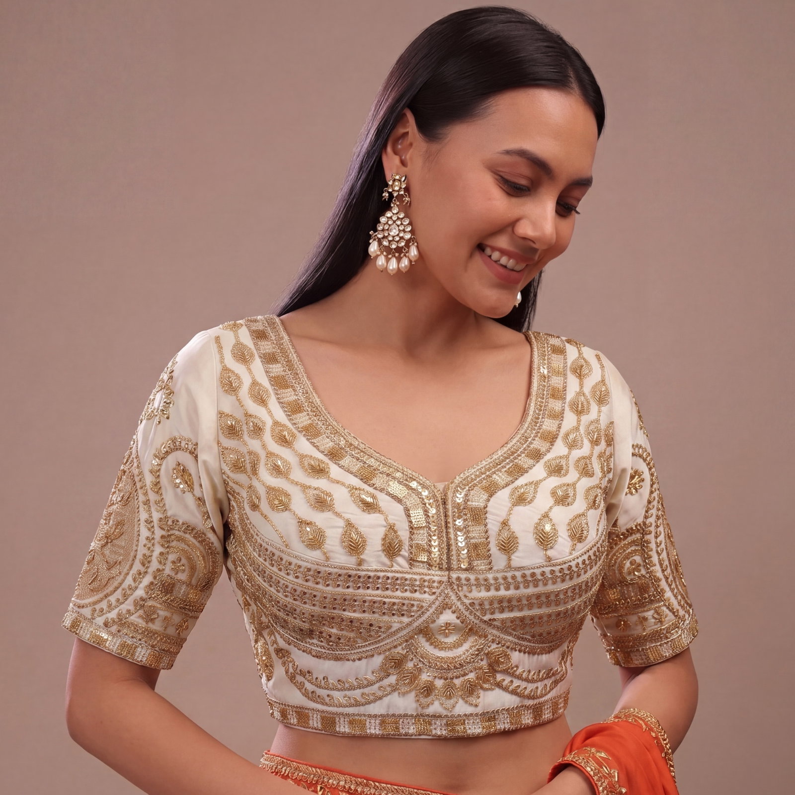 White Sabyasachi Style Beads & Embroidery Partywear Blouse in Roman Silk