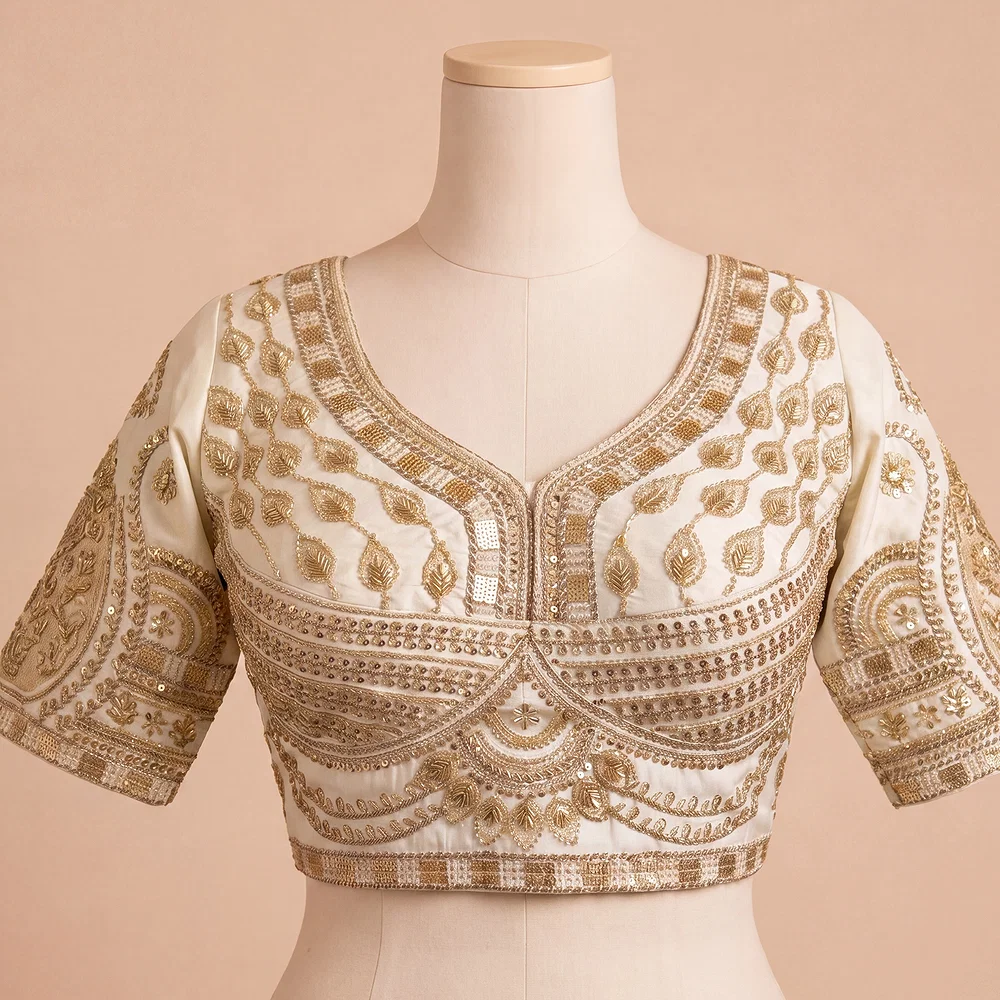 White Sabyasachi Style Beads & Embroidery Partywear Blouse in Roman Silk — view 2