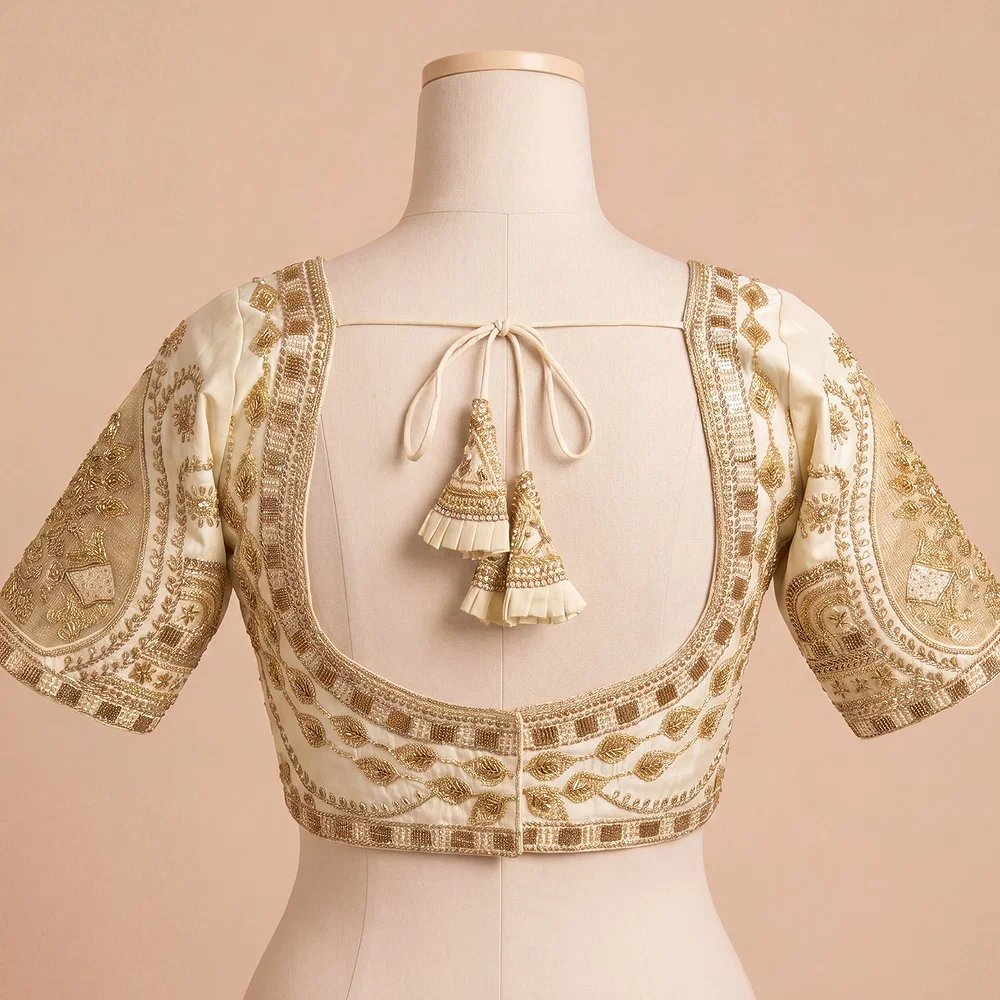 White Sabyasachi Style Beads & Embroidery Partywear Blouse in Roman Silk — view 3
