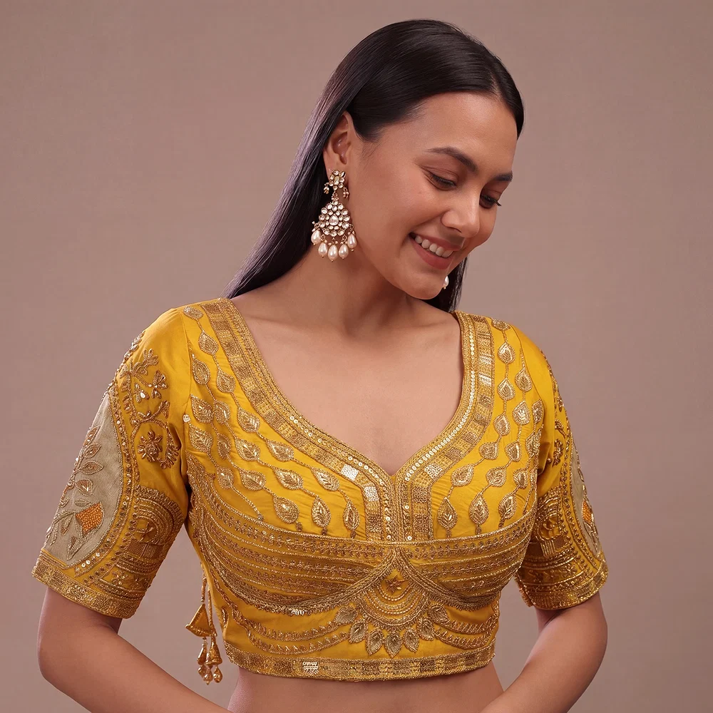 Mustard Sabyasachi Style Beads & Embroidery Partywear Blouse in Roman Silk — view 1