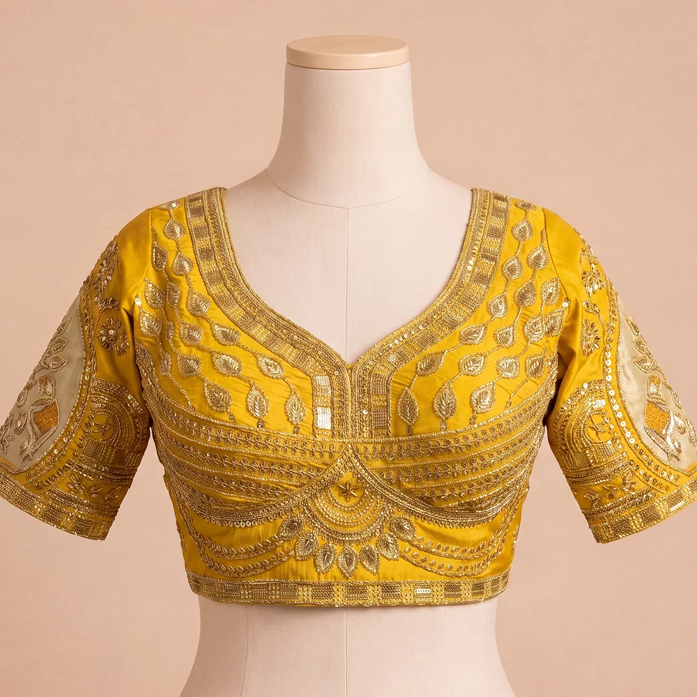 Mustard Sabyasachi Style Beads & Embroidery Partywear Blouse in Roman Silk — view 2